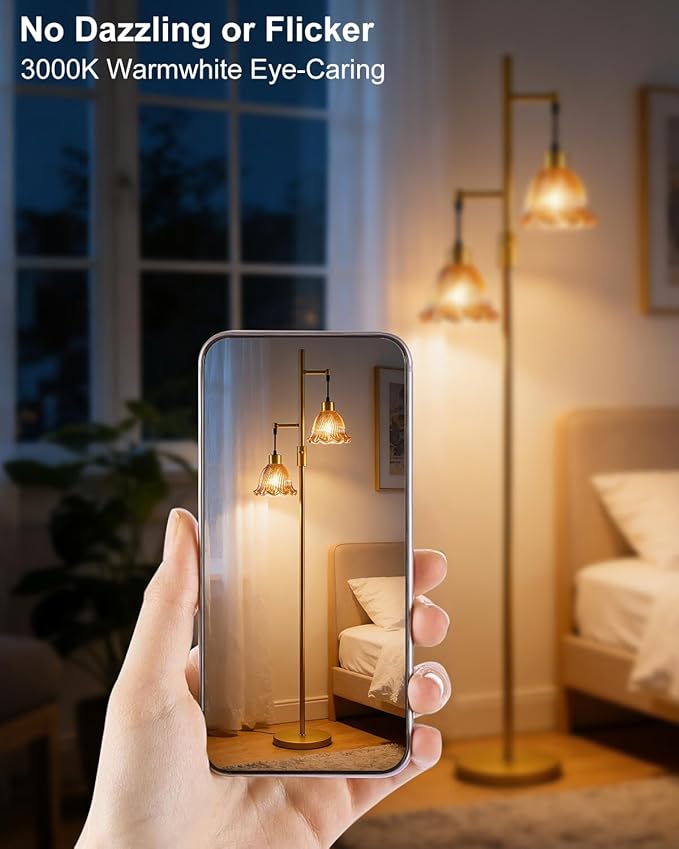 65IN Glass Floor Lamp, 2-Light Gold Tall Standing Lamps Dimmable with Brown Glass Lampshade, 3000K Warmwhite Mid Century Modern Floor Lamp for Living Room/Bedroom/Sofa Beside/Home Decor