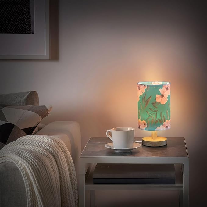 Pink Floral LED Table Lamp, Bedside Lamp with Linen Lampshade, Flicker-Free Eye Care USB Plug in Nightstand Lamp, for Bedroom and Office