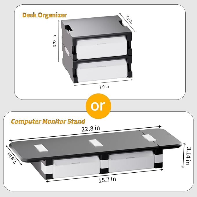 Computer Monitor Stand, Desk Organizer and Accessories with 2 Drawers, Multi-purpose Monitor Riser / Laptop Stand, Sturdy Desktop Storage Organizer for Office Supplies, Black