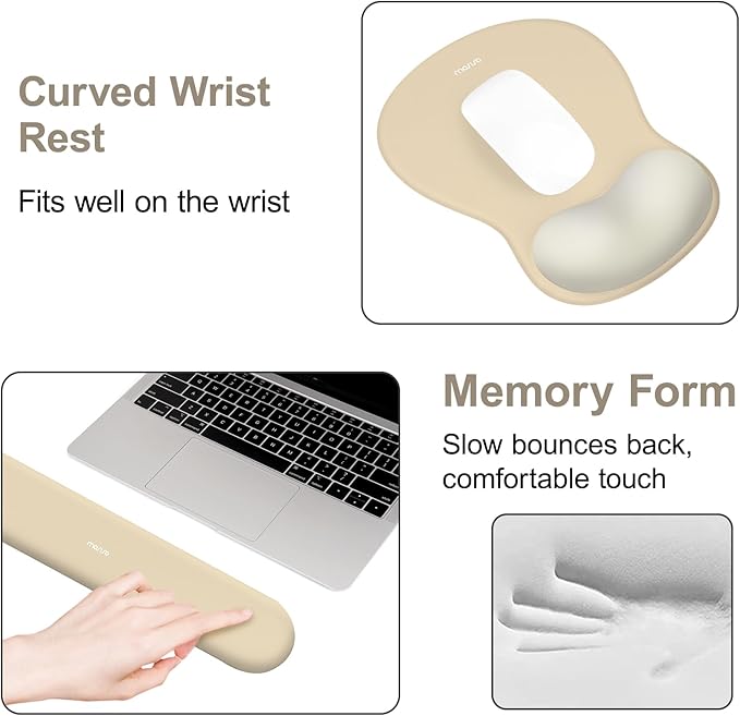 MOSISO Wrist Rest Support for Mouse Pad&Keyboard Set, Curved Ergonomic Mousepad&Coaster Non-Slip Base Home/Office Pain Relief&Easy Typing Cushion with Soft Cloth&Silicone Lining, Khaki