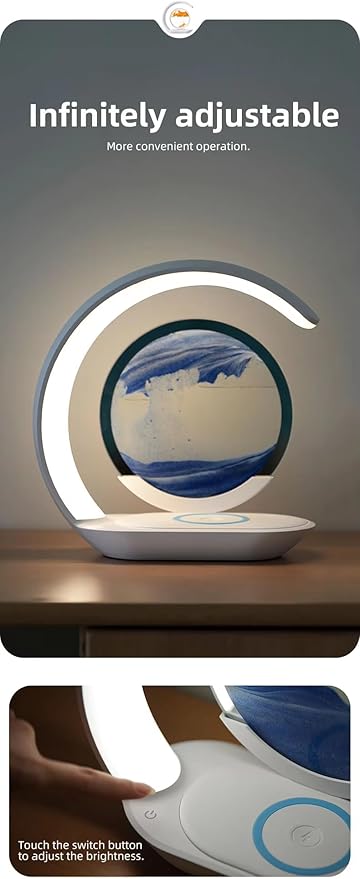 LED Table Lamp with Wireless Charging, Crescent Moon Design, Blue and Orange Sand Art Display, Blue
