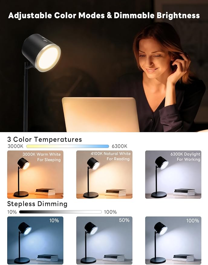 Magnetic Rechargeable LED Desk Lamp, Cordless Dimmable Reading Light with 3 Color Modes, 360° Rotation for Home Office Bedroom Hallway Camping