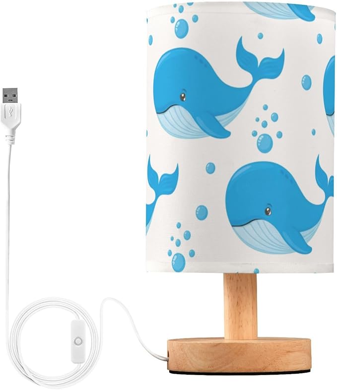 Blue Whale LED Table Lamp, Bedside Lamp with Linen Lampshade, Flicker-Free Eye Care USB Plug in Nightstand Lamp, for Bedroom and Office
