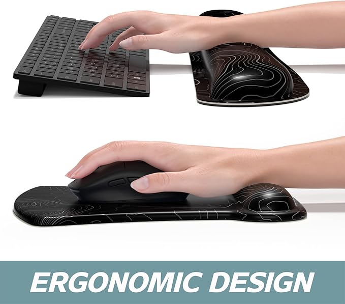 ITNRSIIET Mouse Pad Wrist Support Keyboard Wrist Rest Pad Ergonomic Mousepad Non-Slip Memory Foam Keyboard Pad Easy Typing Pain Relief Perfect for PC Laptop Gaming Office, Topographic Contour Black