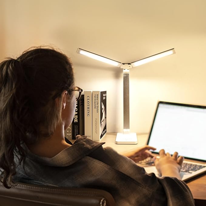 LAOPAO LED Desk Lamp, Dual Head Desk Light, 5 Levels Dimmable & 3 Color Modes Eye-Caring Table Light with USB Charging Port, Table Lamp for Reading, Studying, Home Office,White