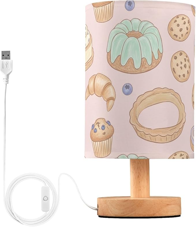 Coloful Bakery LED Table Lamp, Bedside Lamp with Linen Lampshade, Flicker-Free Eye Care USB Plug in Nightstand Lamp, for Bedroom and Office