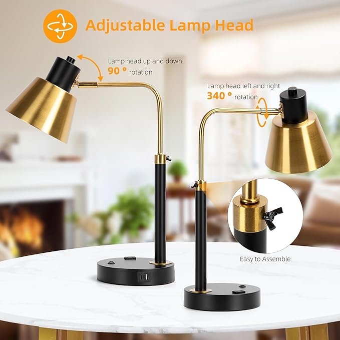 Desk Lamp with Dual USB Charging Port, Heavy Duty Metal Table Lamp, 340 Degree Swivel Arms, Easy Assembly with Cord Guide, Reading Lamp for Home Office Bedroom, Black & Gold (Bulb Not Included)