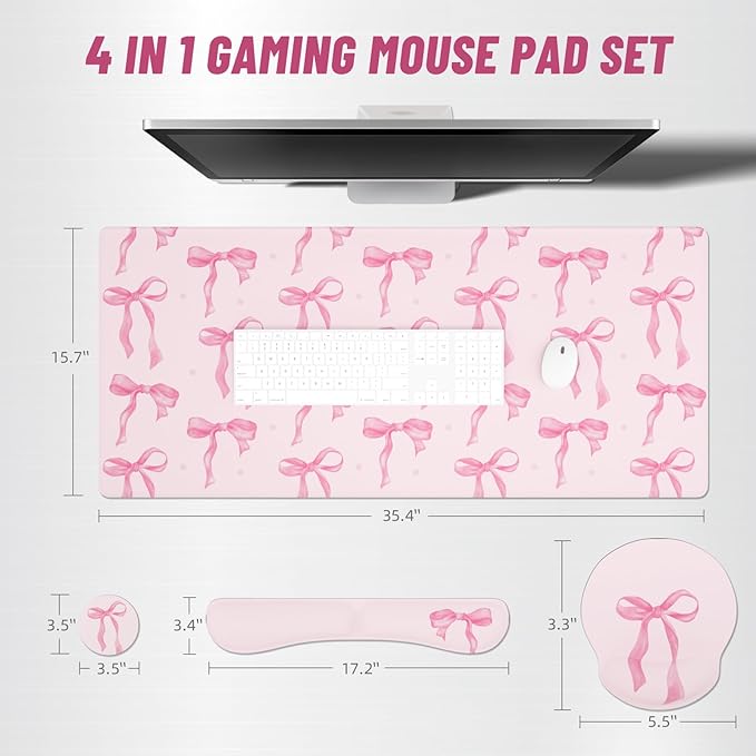 Ovenbird Mouse Pad Set 4-in-1 | Large Gaming Mousepad, Keyboard Wrist Rest, Mouse Wrist Support, Coaster | Ergonomic Office Desk Mat Accessories for Women Men | 4PCS, 35.4 x 15.7in, Pink Bow