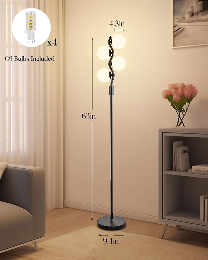 Lightdot Dimmable Globe Floor Lamp, Black Standing Lamps with 4pcs 3000K G9 Bulbs Soft Warm White Eye Care, Mid Century Floor Lamp for Living Room/Bedroom