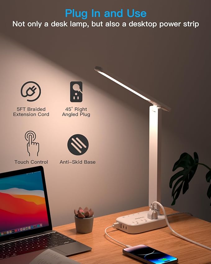 Power Strip with LED Desk Lamp, 10 Ft Extension Cord with 3 Outlets 4 USB Ports(2 USBC), 4 Modes 5 Level Touch Lamp Small Desk Lamps for Home Office College Dorm Room, Study Reading Light - BK