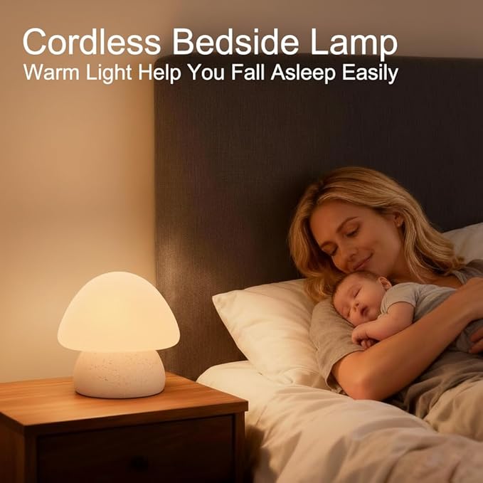 Mushroom Lamp, Cute Cordless Rechargeable Table Lamp with Glass Shade, 3 Color Temps LED Dimmable Ambient Lighting, Small Retro Touch Bedside Light for Decor, Resin Base.