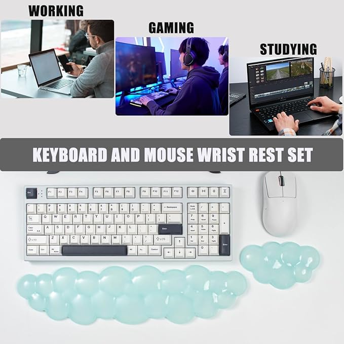 Gel Keyboard and Mouse Wrist Rest Set – Clear Cloud Wrist Rest for Computer Keyboard 60%/68%/75%, Comfort & Support for Typing and Gaming(Mint Green)