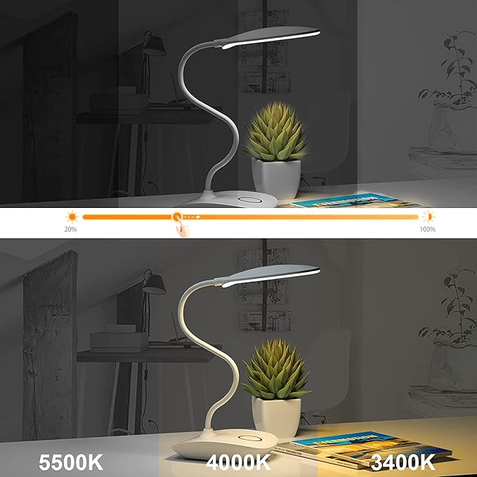 DEEPLITE Battery Operated Desk Lamp, LED Desk Light 3 Lighting Stepless Dimming, Table Lamp 5W Touch Control Eye Caring, Flexible Gooseneck, Portable Reading Light for Dorm Study Bedroom (Set of 2)