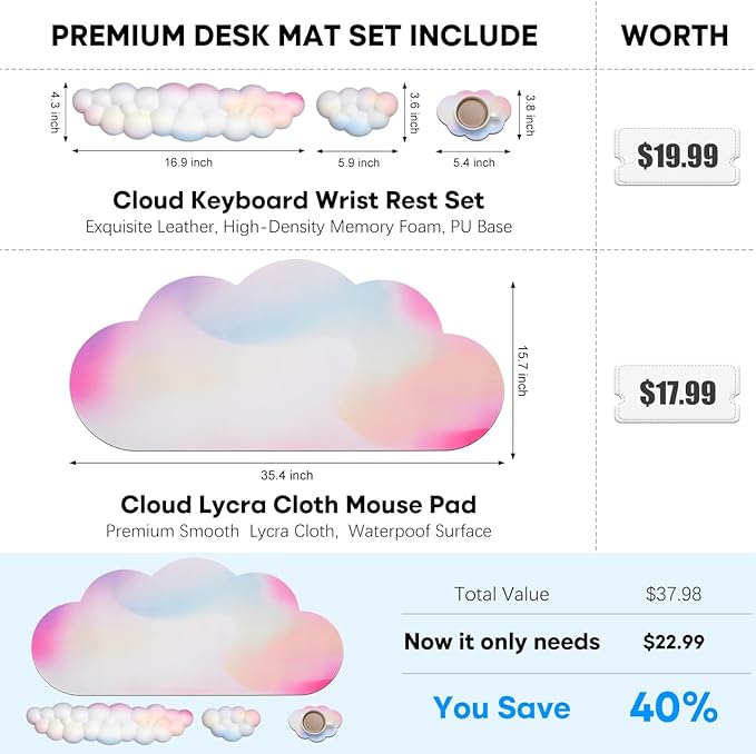 JIKIOU Large Cloud Mouse Pad Waterproof with Cloud Keyboard Wrist Pad and Cloud Mouse Wrist Pad Set, Ergonomic Computer Desk Wrist Support Mousepad for Keyboard and Mouse 35.4x15.7in Rainbow