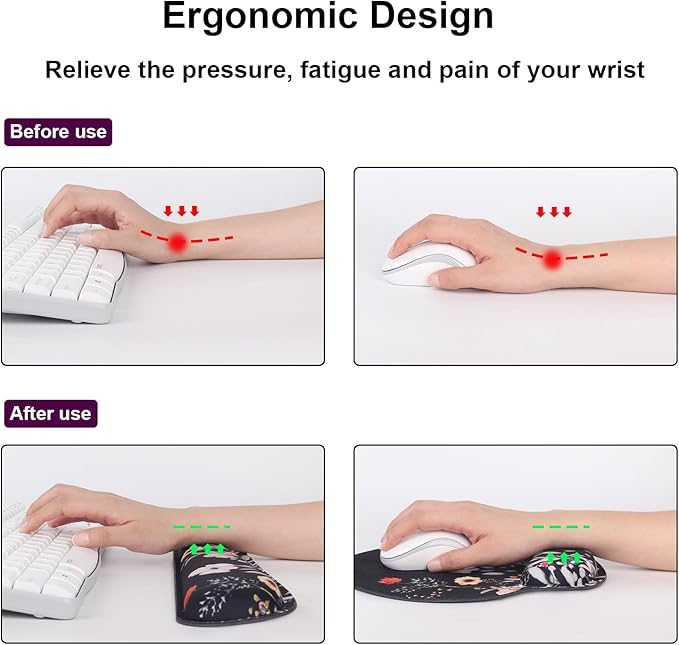 Ergonomic Mouse Pad with Wrist Rest and Keyboard Wrist Rest, Wrist Rest for Computer Keyboard, Easy Typing, Black Mouse Pad with Wrist Support for Gaming,Office, Laptop, Garden Flowers