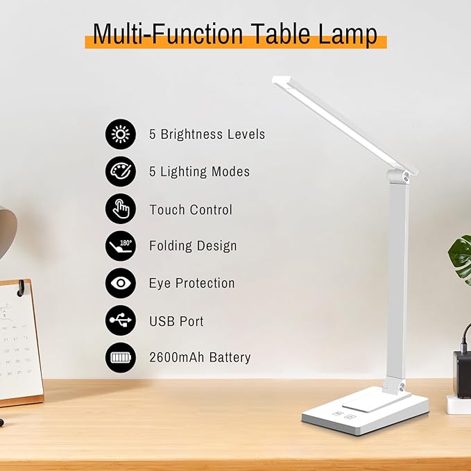 ErayLife Rechargeable LED Desk Lamp, 800LM 2600mAh Reading Table Lamp, 5 Color Modes with 5 Brightness, Aluminum Bedside Lamp with USB Charging Port for Study Home Office, White