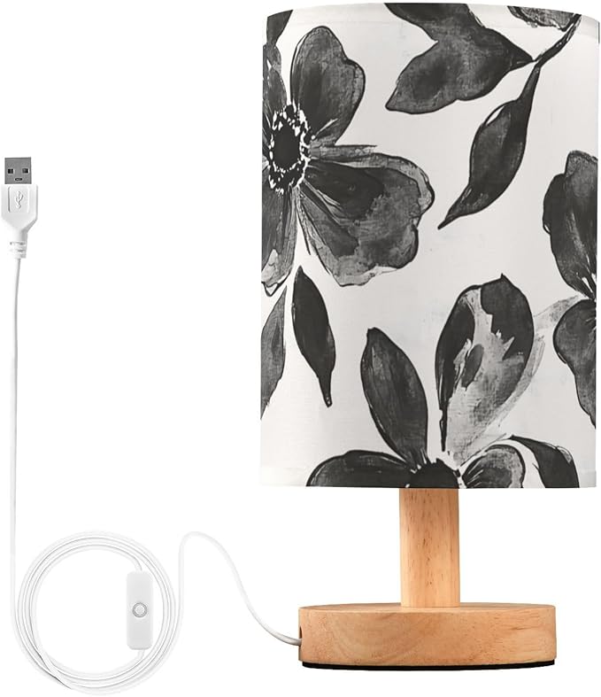 Black Floral LED Table Lamp, Bedside Lamp with Linen Lampshade, Flicker-Free Eye Care USB Plug in Nightstand Lamp, for Bedroom and Office