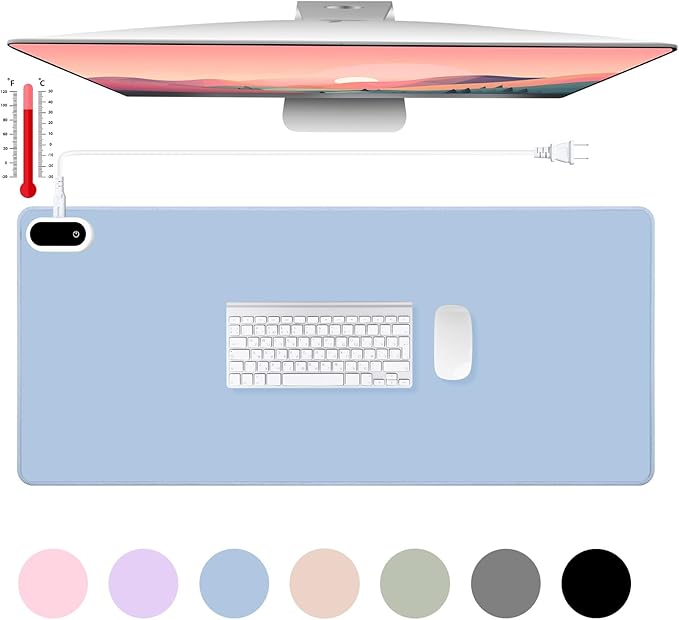 Konohan Heated Desk Pad Warm Mouse Pad, 5 Heating Level & 4 Hour Auto Shut-Off, PU Leather Warm Mouse Mat Heating Keyboard Gaming Mice Warmer Mat Only Supports 110v(Gray-Blue Color,31.5" X 13")