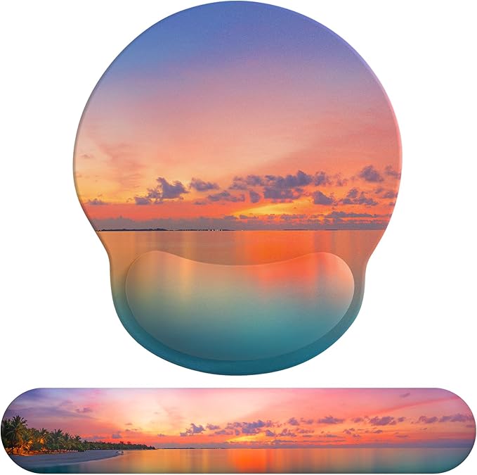 eulps Mouse Pad Wrist Support, Ergonomic Memory Foam Keyboard Wrist Pad & Gel Wrist Rest Set for Computer Keyboard for Easy Typing for Office & Home (Oceanic Sunset Set)
