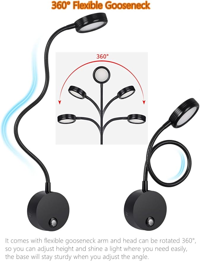 Dimmable LED Reading Lamps,Wall Mount Reading Lights for Bed Headboard,Flexible Gooseneck Headboard Reading Lam, Plug in Sconce Touch Control,3 Color Modes, 2A/5V USB Output,Black 1 Pack