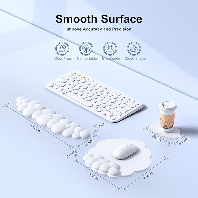 Cloud Mouse Pad with Wrist Rest, Cloud Keyboard Wrist Rest, Mouse Pad Wrist Support, Ergonomic Keyboard Mouse Wrist Support White