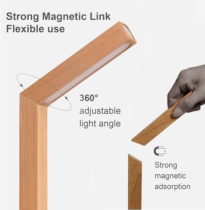 Wooden Desk Light ，Dimmable Desk Lamp for Home Office with USB Wireless Charging Port ，Touch Control RotatableDesk Adjustable Night Light(Beech Wood)