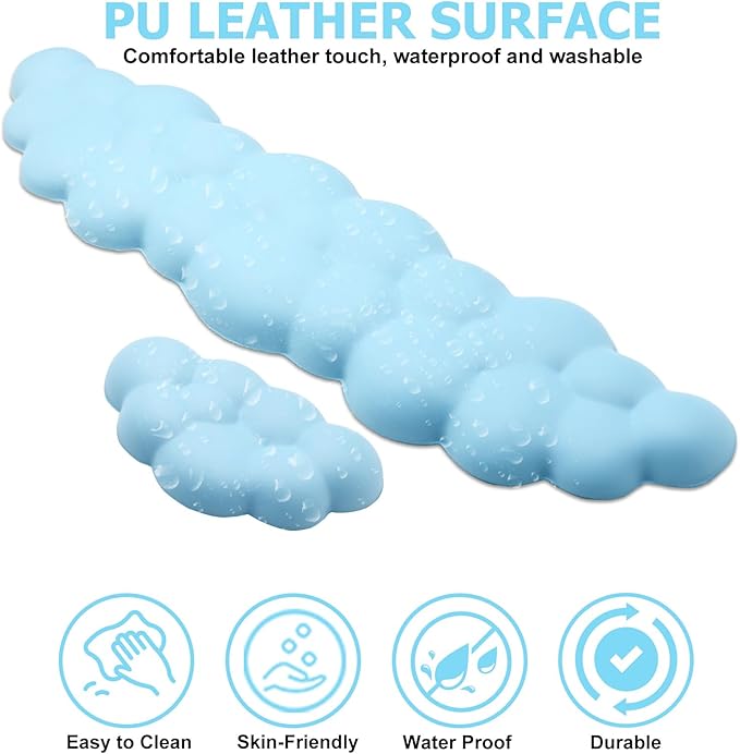 Cloud Wrist Rest Keyboard, PU Leather Memory Foam Wrist Support for Computer Keyboard, Ergonomic Keyboard Pad and Cute Mouse Wrist Pad for Gaming, Office, Computer, Easy Typing, Sky Blue