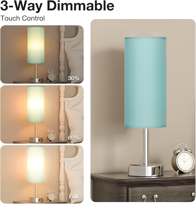 Dicoool Teal Touch Bedside Lamps for Bedroom - Small Coastal Nightstand Lamp with USB-C and USB A Charging Ports, 3 Way Dimmable Control Table Lamp for Office, Dorm with Fabric Shade Silver Base
