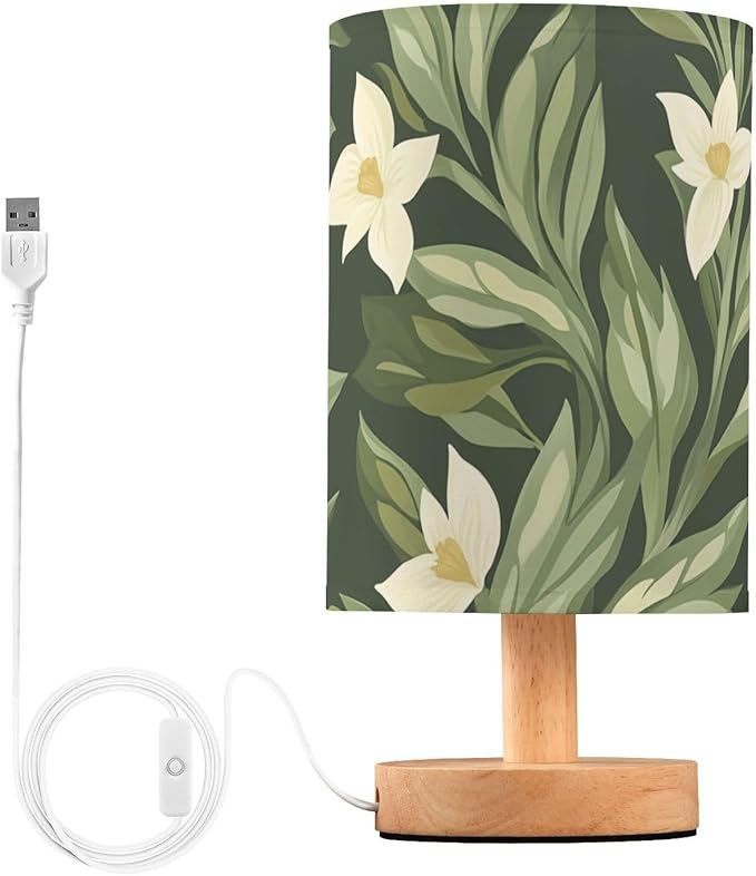 Green Floral LED Table Lamp, Bedside Lamp with Linen Lampshade, Flicker-Free Eye Care USB Plug in Nightstand Lamp, for Bedroom and Office
