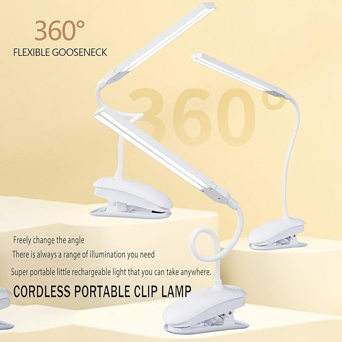Dual Head LED Desk Lamp with Clamp, Eye-Caring Clip on Lights for Home Office, 3500mAh Rechargeable Battery Operated Table Lamps,3 Lighting Modes & Brightness Dimmer Light for Kids Students
