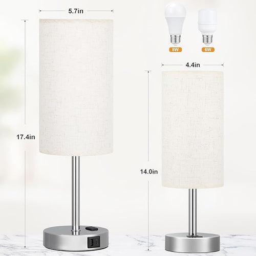 17.4Inch Bedside Touch Table Lamps for Bedroom Nightstand with USB-C USB-A Charging Ports White - 3 Way Dimmable Control Small Lamp Fabric Shade Silver Base for Office, Dorm Room, Living Room, Reading