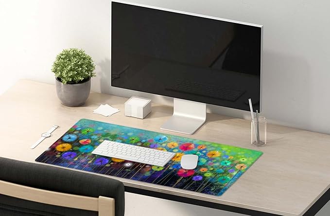 SSOIU Desk Mat, Extended Gaming Mouse Pad 35.5x15.7 in, Large Non-Slip Rubber Base Mousepad with Stitched Edges, Waterproof Keyboard Mouse Mat Desk Pad for Work, Game, Office, Home - Watercolor Floral