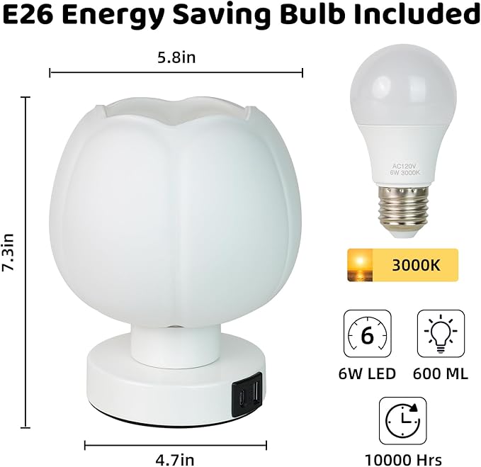 Touch Bedside Lamp with USB C+A Charging Ports,Tulip Flower Lamp with White Glass Lamp Shade, Warm LED Bulb, 3 Way Dimmable, Small Table Lamp for Bedroom Nightstand Living Room