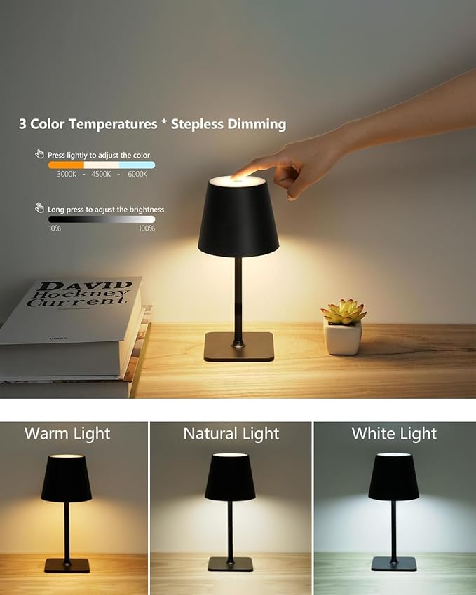 Cordless Table Lamp Rechargeable Lamps: 6000mAh Battery Operated Table Lamp Outdoor Waterproof, Touch Control, Portable Wireless Desk Lamp for Dinner/Bedroom/Restaurant(Black 2 Pack)
