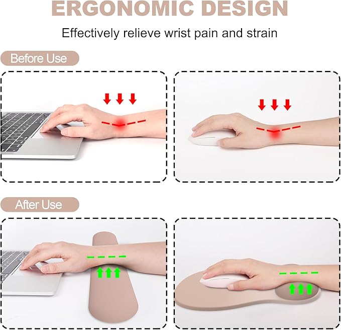 Ergonomic Mouse Pad with Wrist Rest and Keyboard Wrist Rest, Gel Mousepad and Wrist Rest for Computer Keyboard, Non-Slip PU Base, Mouse Pad with Wrist Support for Gaming, Office, Brown