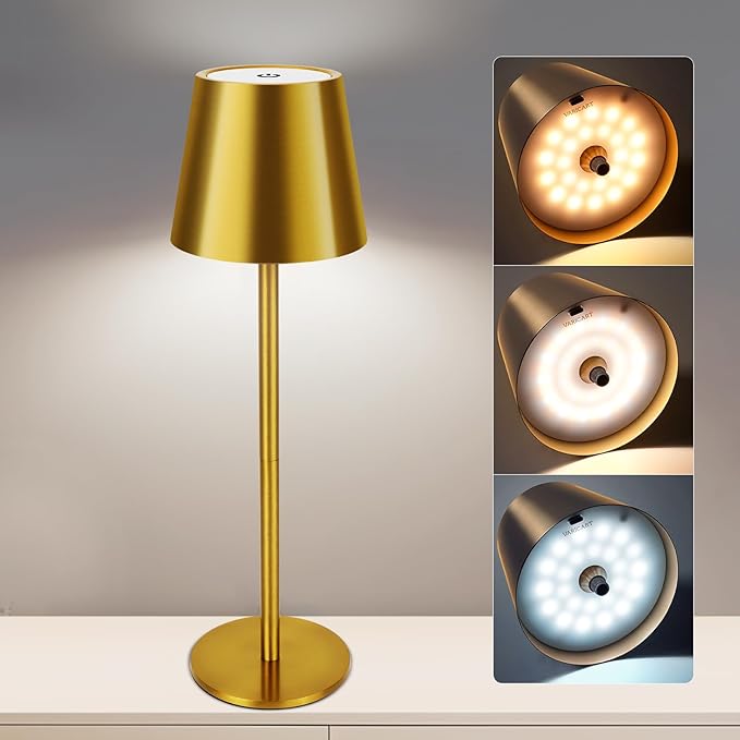 Gold Cordless Table Lamp,8-20 Inches Adjustable Height, 5000mAh Rechargeable LED Desk Lamp, 3 Color Stepless Dimmable, Portable Table Light for Indoor/Outdoor