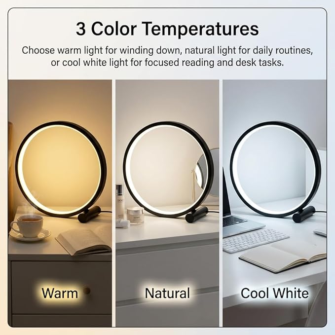 LED Desk Lamp for Bedroom,Touch Bedside Light with 3 Color Temperatures,Stepless Dimmable Round Table Lamp,6W Modern Nightstand Light for Reading,Living Room,Office,Black
