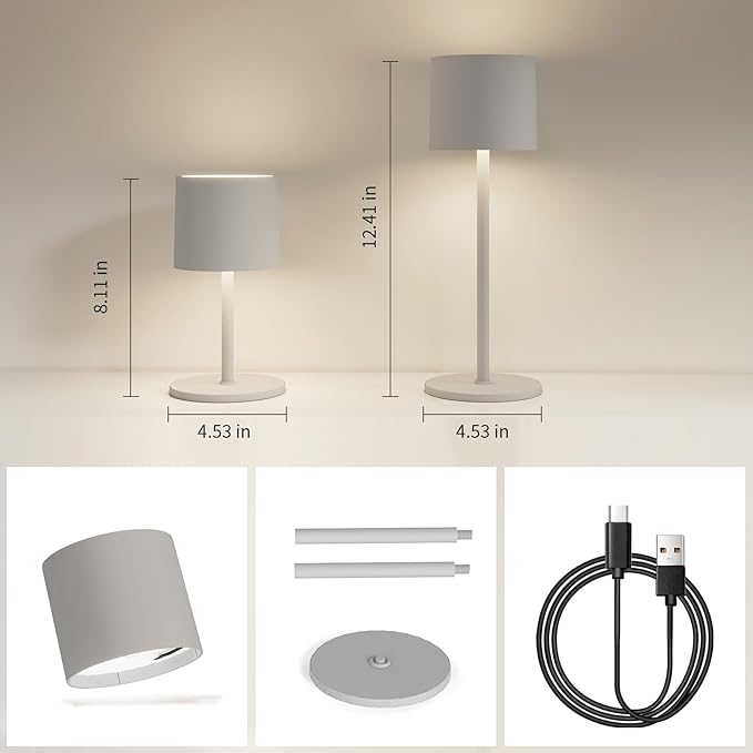 2-Pack Cordless Table Lamp, Portable LED Desk Lamps, 2 Adjustable Height, 4400mAh Battery Powered Rechargeable Light, 3 Color Stepless Dimming, for Restaurant, Bedroom, Outdoor Camping
