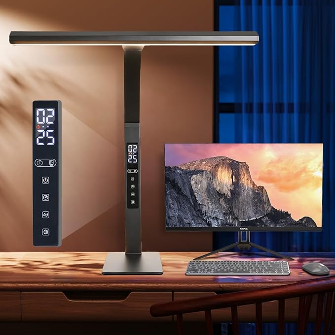 LED desk lamp for home office, architect computer work light,Touch color temperature stepless dimming and adjustable flexible gooseneck tube. desk lamp with clock , suitable for reading and studying.