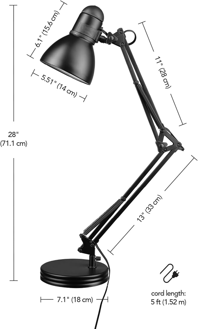 Globe Electric 5698601 28" Heavy Base Top Moving Spring Balanced Swing Arm Desk Lamp, Black, On/Off Rotary Switch on Shade, Office Decor, Reading Light, Home Essentials, Room Lighting