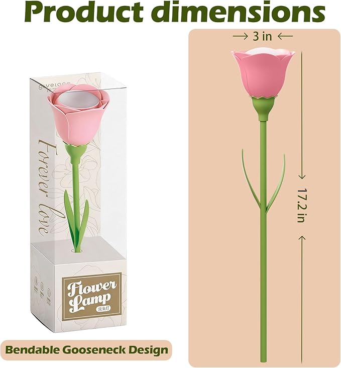 Rose Flower Lamp Rechargeable Reading Light for Bed,3-Color Modes Adjustable Brightness Small Night Light Neck Reading Light,Festival Gifts for Kids Mom Girlfriend Grandma (Pink)