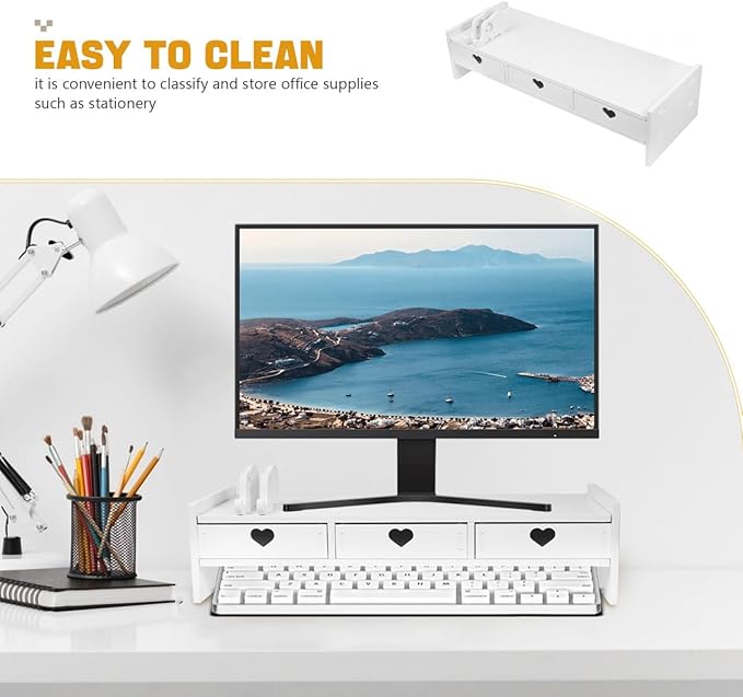 Tofficu Computer Monitor Stand Riser with 3 Drawers - Desktop Organizer with Phone Holder, White Desk Shelf for Laptop, Office Supplies & Workspace Storage