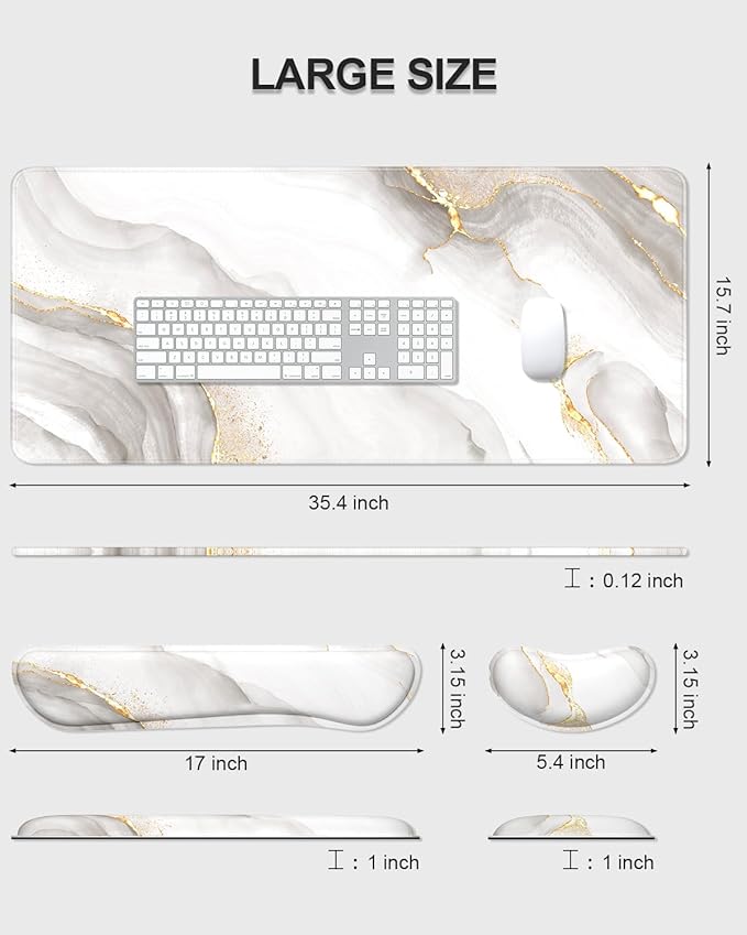 Auhoahsil Large Mouse Pad with Wrist Rests for Keyboard & Mouse, Thick Soft Ergonomic Memory Foam Wrist Supports, Big & Long Desk Mat 35.5 x 15.7 in, for Office Gaming Computer, White Gold Marble