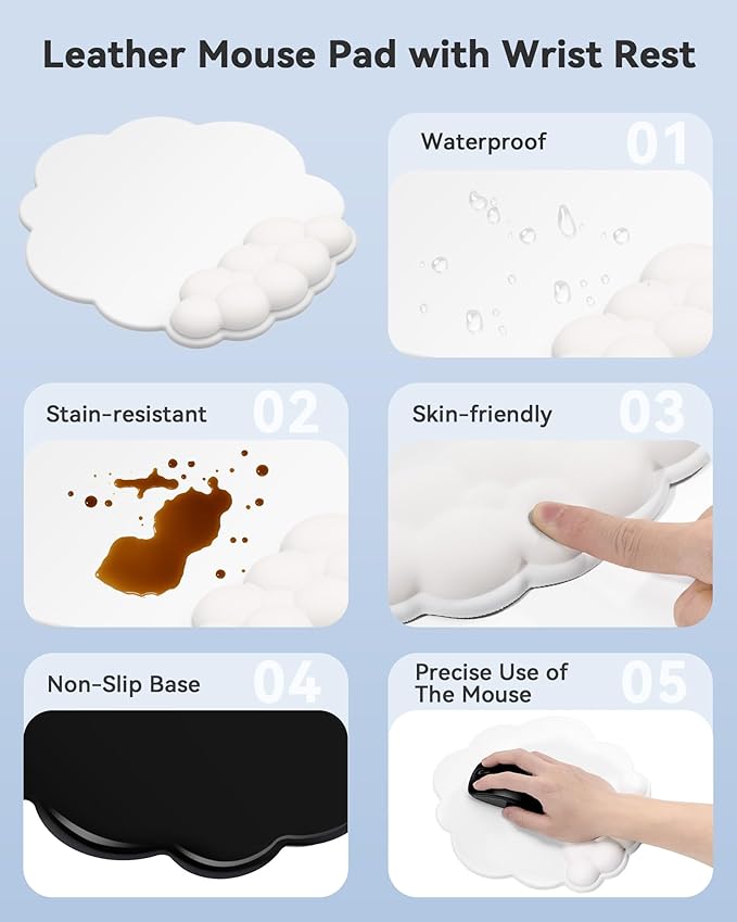 Cloud Wrist Rest for Keyboard and Mouse for Desktop, PU Leather Cloud Computer Keyboard Stand with Mouse Pad, Key Board Wrist Support Riser, Angle Adjustable Arm Rest(White)
