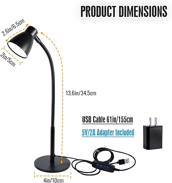 LED Desk Lamp for Home Office, CRI 90+ Eye-Caring Reading Light, Small Desk Light with Flexible Goose Neck, Perfect for Study Desk (Adapter Included)