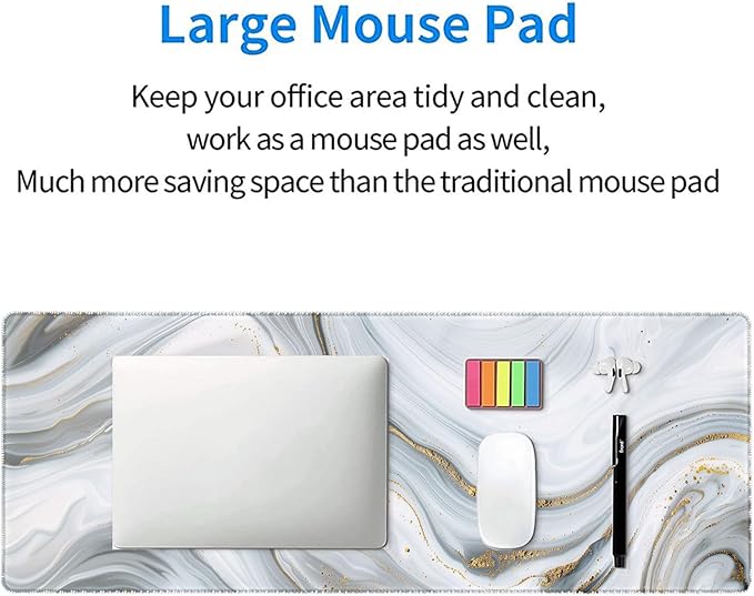 White Marble Desk Mat Abstract Gold Striped Extended Gaming Mouse Pad Mat with Stitched Edge Non-Slip Base Big Mouse Pad 31.5"x11.8" Office Computer Keyboard Laptop Home