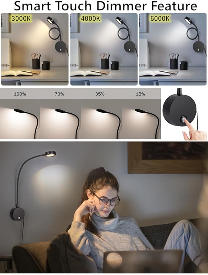 Dimmable LED Reading Lamps,Wall Mount Reading Lights for Bed Headboard,Flexible Gooseneck Headboard Reading Lam, Plug in Sconce Touch Control,3 Color Modes, 2A/5V USB Output,Black 1 Pack
