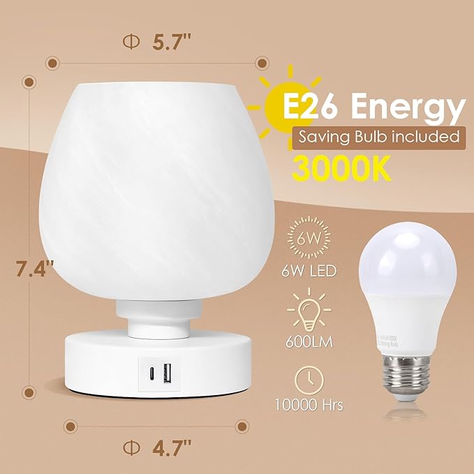 Soilsiu Bedside Table Lamp - Touch Small Lamp for Bedroom Nightstand, 3-Way Dimmable, USB A+C Charging Ports, White Opal Glass Shade, Warm LED Bulb Included