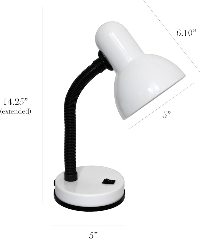 Simple Designs LD1088-WHT 14.25" Sleek and Sturdy Classic Gooseneck Study Desk Lamp, White