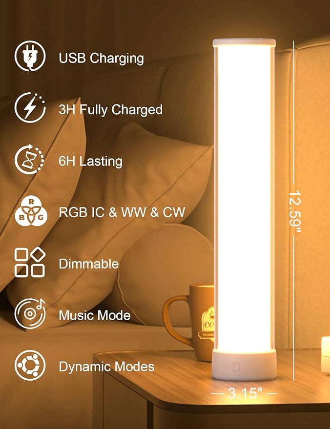 Rechargeable Table Lamp, RGB IC LED Light Bar, 1500 Lumens, APP & Remote Control Bedside Table Lamp with Music Sync, Color Changing Ambient Lighting for Bedside Table Desk Monitor Gaming White